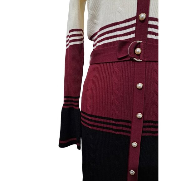 Ashley Stewart Belted Striped Sweater Dress Burgundy/Black Size 10 NWT - Picture 8 of 14